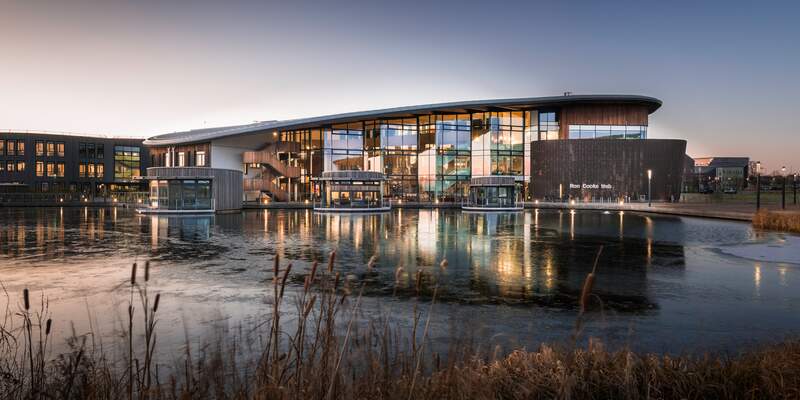 The Ron Cooke Hub as sun sets on a winter afternoon